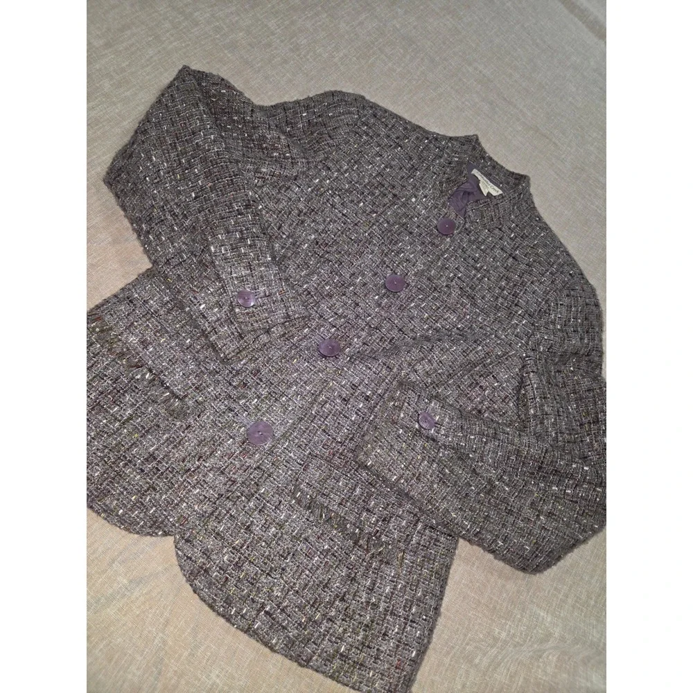 Coldwater Creek Shaped Purple Tweed Blazer Jacket Mock Neck Metallic Size 10